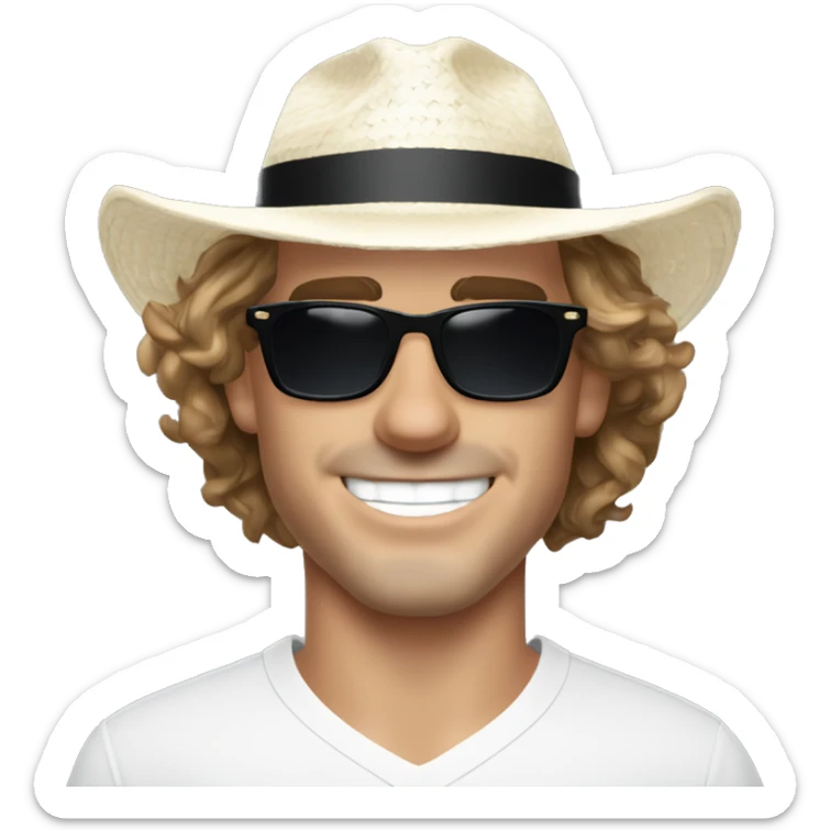 Antoine Griezmann close face smiling wearing a white elegant shirt, a staw panama hat and black sunglasses.  sticker