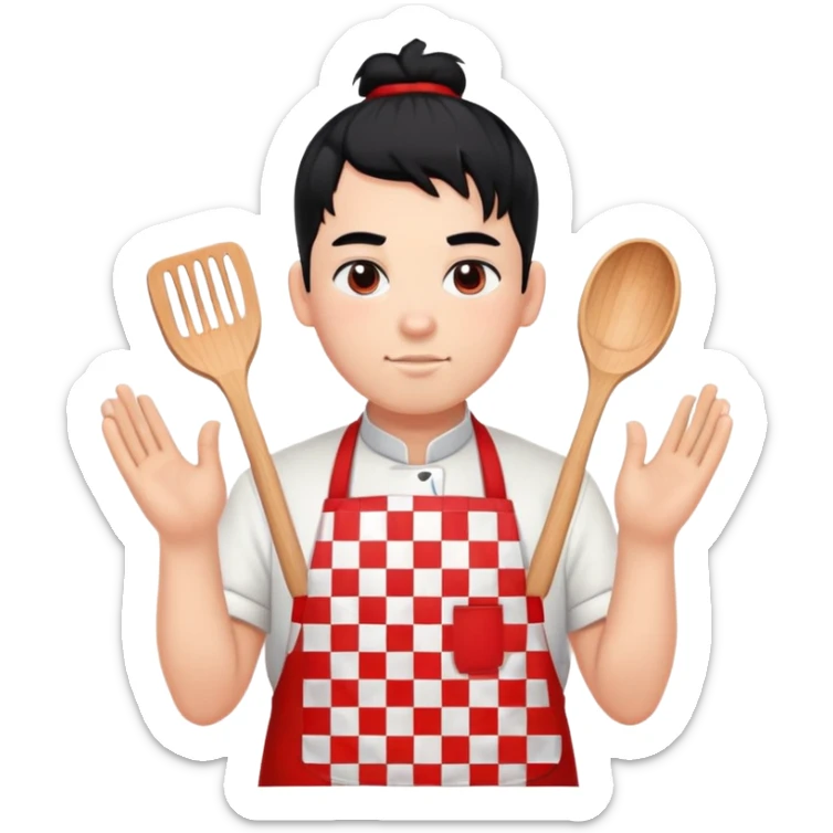 big boy with black hair in a topknot, wearing a white apron with red squares pattern sticker