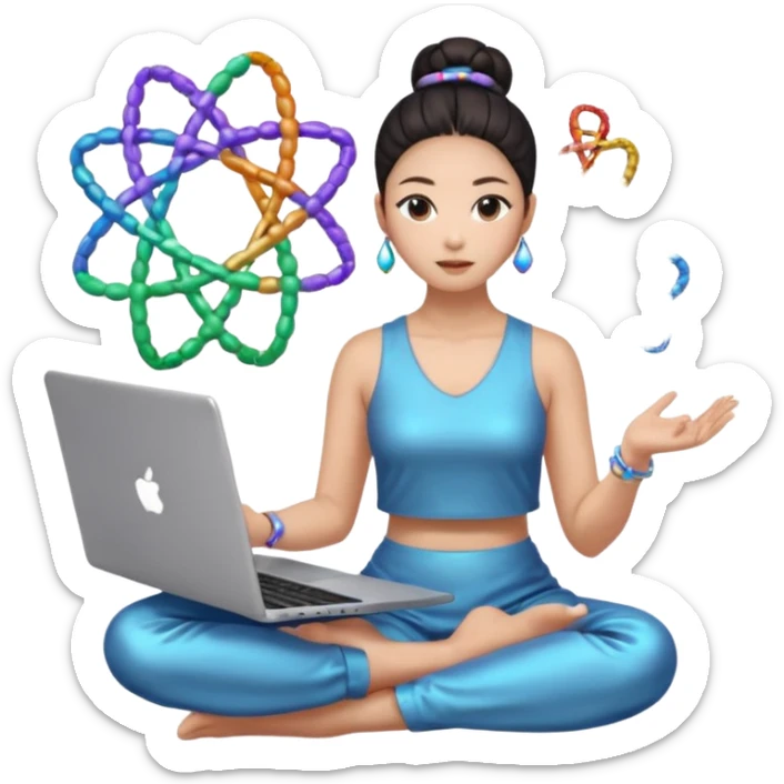 emoji of an asian woman with a single bun sitting cross legged with dna levitating above one hand and a laptop above the other hand sticker