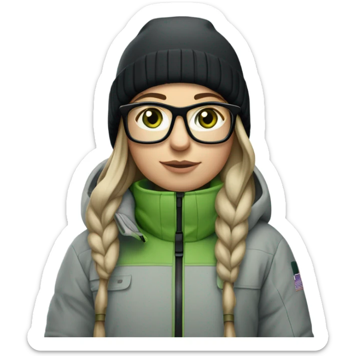 Green-eyed, slightly overweight female skier with long straight hair, glasses, light grey snow jacket, long black pants, black only snow boots, wearing black skis standing tall. sticker