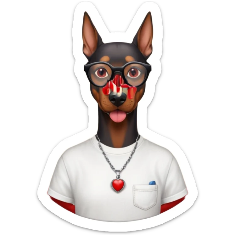 Generate a emoji of a big evil doberman dog with red eyes and a tongue sticking out, give the doberman a human body with a white shirt and baggy jeans, make the doberman have ear piercings and a septum ring, make the dog have black circular glasses with a red tint sticker