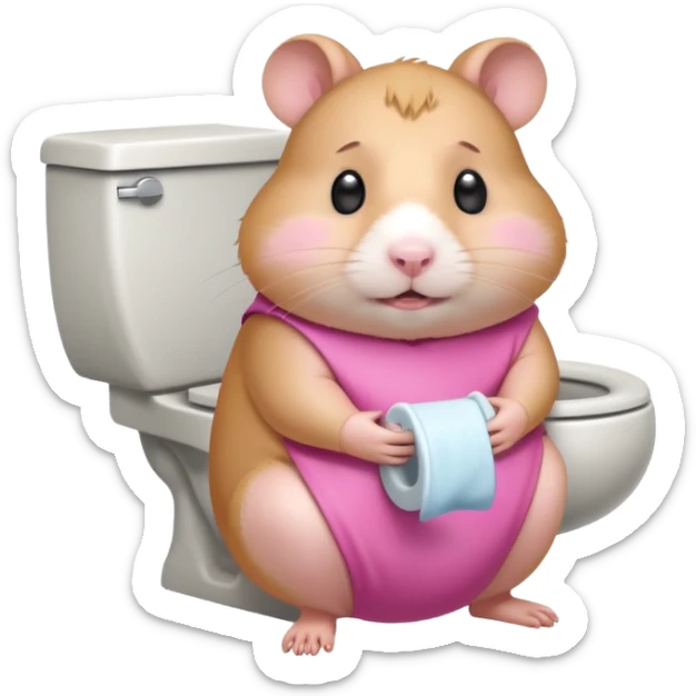 Cute chubby cartoon-style hamster sitting on toilet pooping looking as if he had an accident sticker