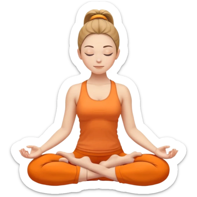caucasian woman with ponytail in lotus position meditating, eyes closed with a slight smile, peaceful expression, orange yoga clothes sticker
