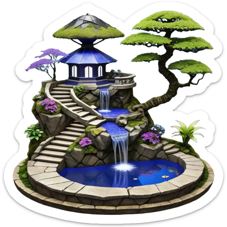 Alien saucer poolhouse jungle winding narrow stairway fountain koi pond mountainside -island getaway nighttime landscape antique mudman very old broken cracked intricate Stone Age lapis-crusted irregular dodecagon-shaped shallow dark moss rough bark violet serissa flowered maple tree bonsai sticker
