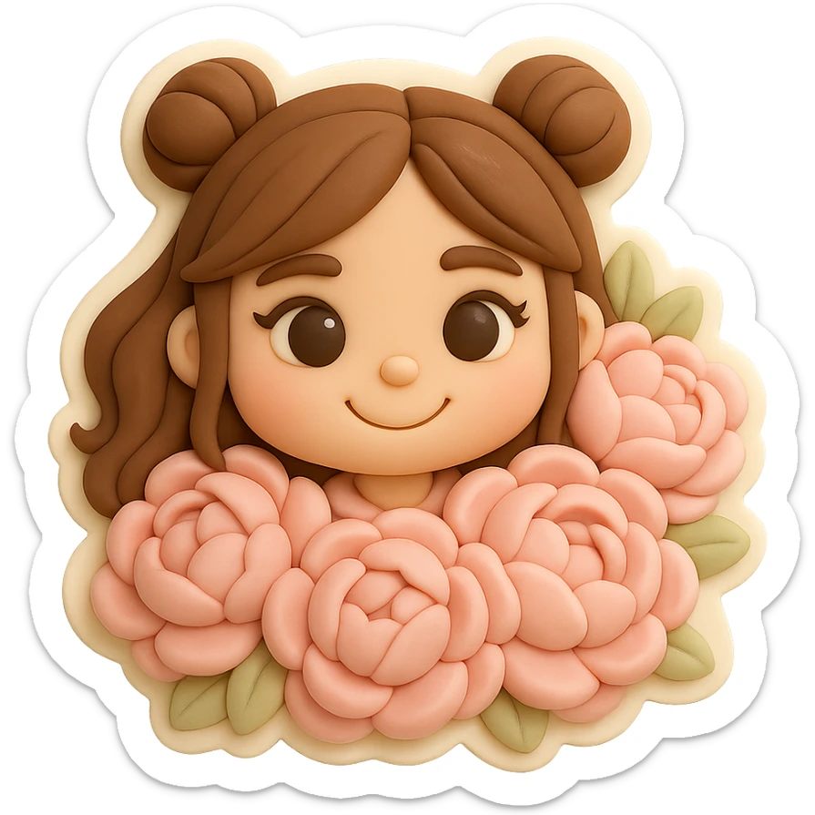 3D chibi fondant cake art style, high-quality rendering with smooth shadows and soft gradients. Girl based on reference image with preserved facial features and exact eye shape, long brown hair in two space buns, brown eyes, thick white outline like a sticker, transparent background. Her smiling head is surrounded by a massive bouquet of soft pink peonies, only her face visible among the flowers. Ensure the face and eye shape match the reference exactly. sticker