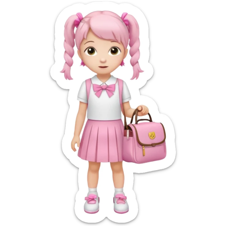 small girl wearing pink student uniform, white dress, white shoes and a bow on her pigtail hair, holding school bag sticker