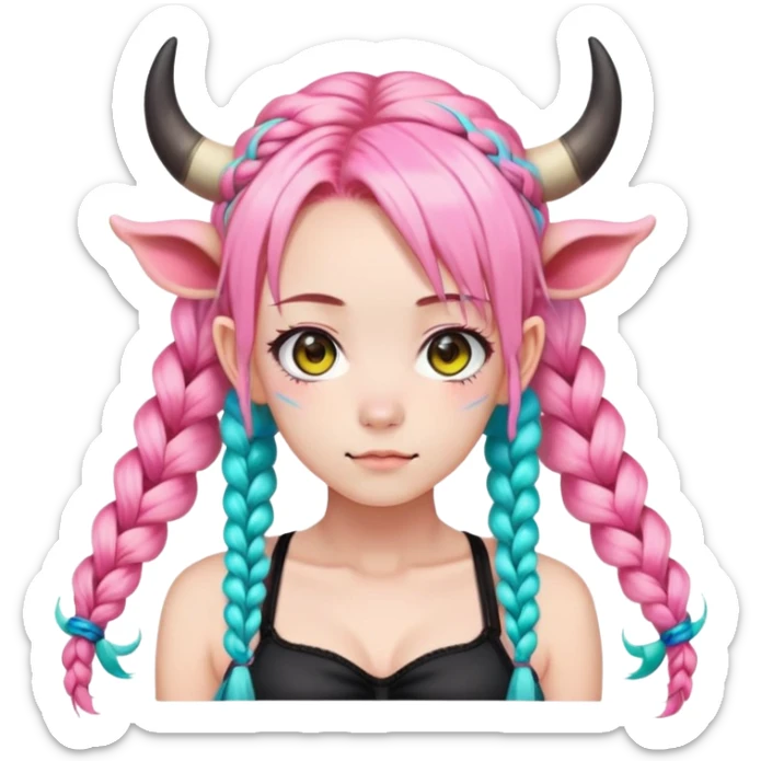 En anime-jente med to rosa lange tykke fletter og cyan striper i håret, ku-horn og ku-ører, sort BH-topp over en gul cropped-fleece-blouse sticker