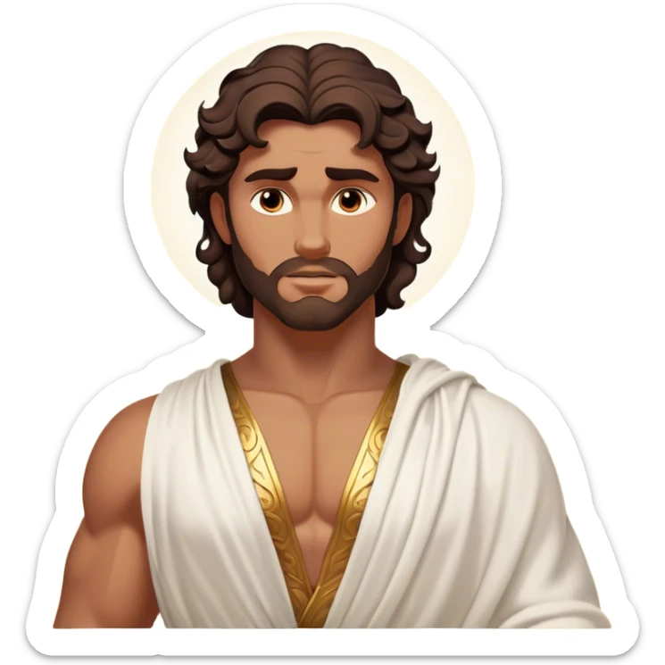 Cinematic Realistic Hercules Portrait, depicted as a classical Greek hero inspired by the Disney version yet echoing the refined proportions and serene dignity of Michelangelo's David. His idealized, sun-kissed bronze skin glows with timeless strength, and his thick, wavy dark hair falls in natural, sculpted curls. Draped in a flowing white robe with delicate golden accents, his expressive eyes radiate determined nobility, all rendered under dynamic natural lighting with a mythic, radiant glow. sticker