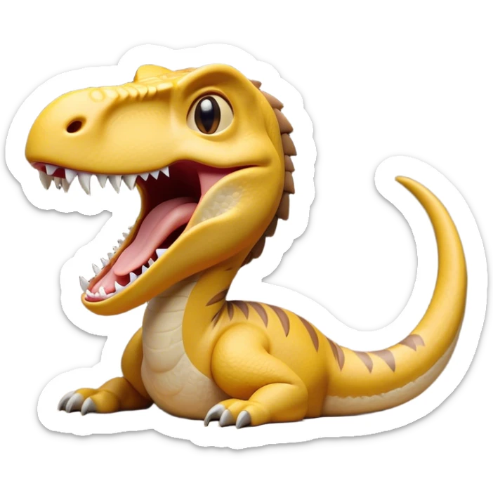Cinematic Cute Yawning jurassic park Velociraptor Portrait Emoji, Head tilted slightly with a dramatic, wide-open yawn, showcasing a lean, powerful body with a relaxed snout and sleepy, half-closed eyes that hint at both ferocity and fatigue, Simplified yet irresistibly cute features, highly detailed, glowing with a soft, cozy prehistoric glow, high shine, relaxed yet expressive, stylized with a hint of whimsical ancient ease, soft glowing outline, capturing the essence of a drowsy yet endearing jurassic park Velociraptor that appears ready to stretch and yawn its way out of the screen! sticker