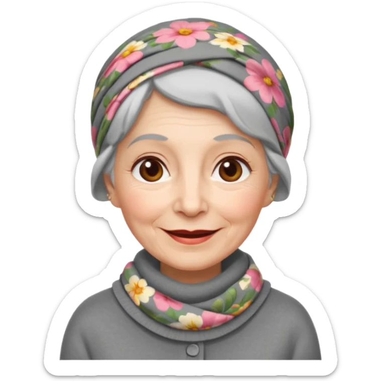 A kind old Soviet village grandmother emoji — elderly woman wearing a floral headscarf tied under her chin, simple gray cardigan, warm smile, friendly face, flat emoji style, minimal Apple-like design. sticker