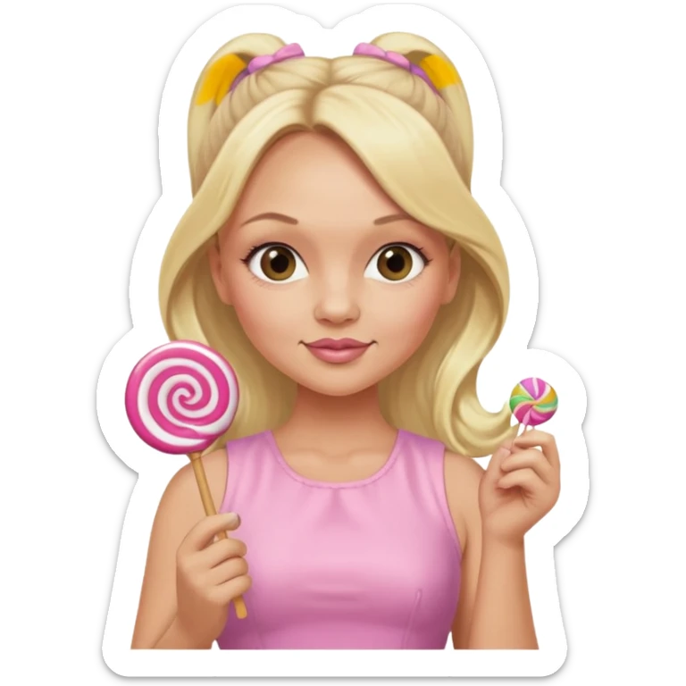 Emma Bunton with long blonde ponytails wearing light pink body dress holding a lollipop sticker
