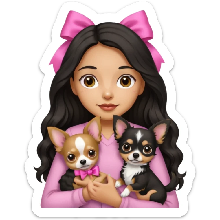 A girl with light to medium skin with olive skin tone, with long black hair with wavy bottom. Holding a chihuahua dog wearing a ribbon sticker