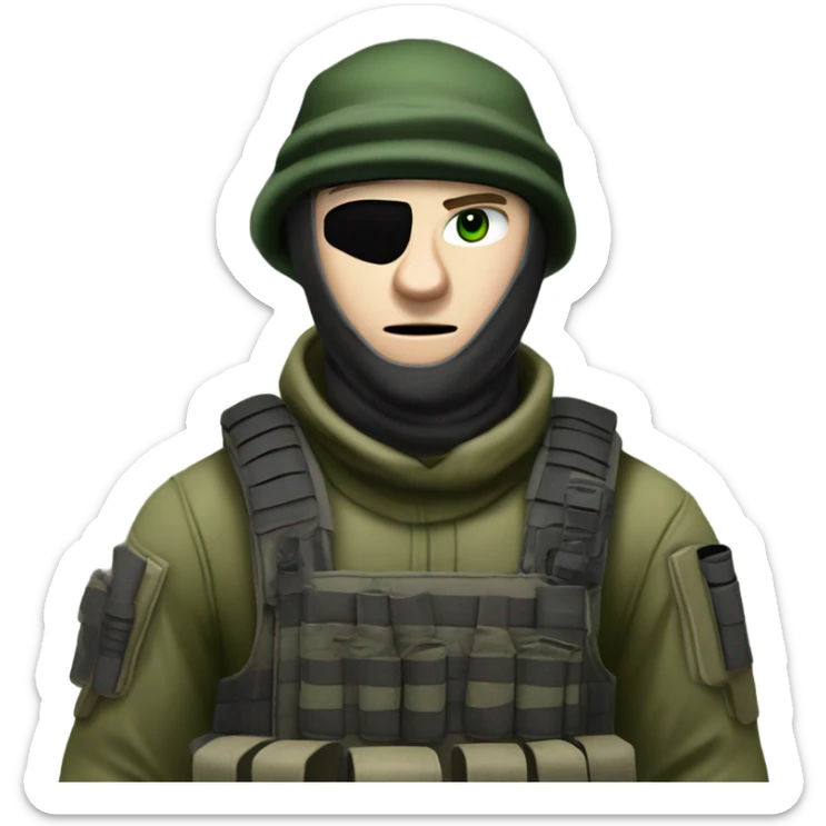 white male, pale skin, call of duty dark mask, green camo tactical gear, combat boots, black beanie, hazel eyes sticker