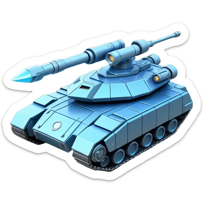 Clash of Clans aesthetic: Cinematic heroic Space Tank Emoji, rendered in a 3D vector-style similar to standard emojis with minimal shading and bold, simplified shapes. A robust, isometric armored vehicle with sleek futuristic plating and energy cannons, softly glowing with a high-tech cosmic combat charm. Simplified yet unmistakably iconic, highly detailed and consistent, glowing with a soft radiant shine and high gloss. Stylized with a touch of intergalactic warfare and a soft glowing outline, capturing the essence of a futuristic battle machine with a friendly, playful spirit! sticker