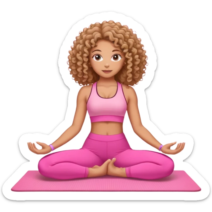 Uma mulher de cabelo cacheado, usando roupa de yoga rosa, em uma posição de yoga bonitinha  sticker