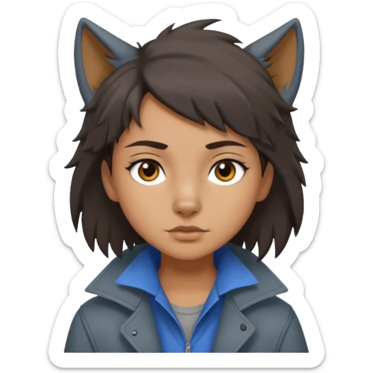 Hobo tomboy with dark brown hair in a wolf cut style, brown eyes, dirty dark grey coat, blue-grey shirt. sticker