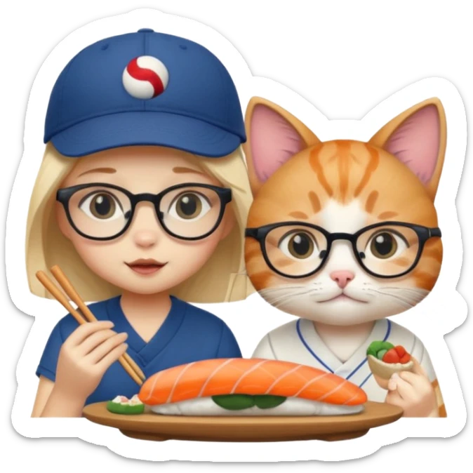 cute girl cat wearing glasses and a cute boy cat wearing a baseball cap eating sushi together sticker