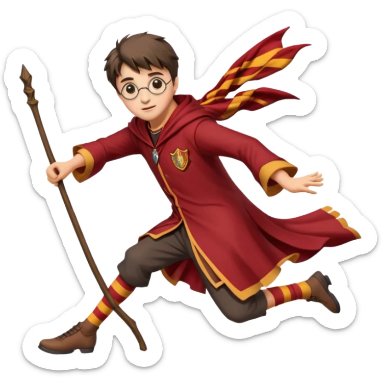 Cartoon-style illustration of Harry Potter flying on a broomstick, Gryffindor red and gold outfit, expressive face, dynamic motion, magical vibe, smooth shading, vibrant colors, no background, transparent background, isolated character. sticker