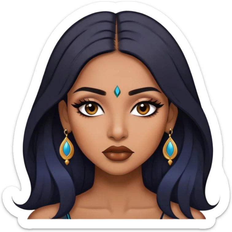 indian girl, brown skin, long black hair, brown underneath colored hair, baddie,pretty, makeup, lipliner, black eyeliner, sticker