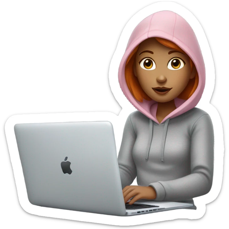 girl with straight short red hair, big pinky lips, big eyes, calm face, in gray hoodie works on macbook sticker