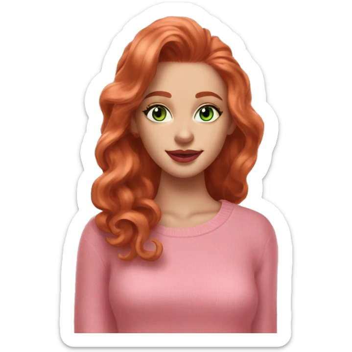 Redhead girl pink sweater pink lipstick green eyes gold earrings pink nails wavy long hair full body sticker