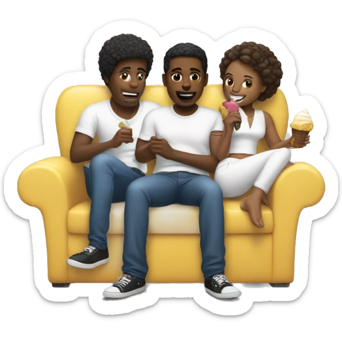 black men surrounding a girl in white on a couch eating icecream  sticker