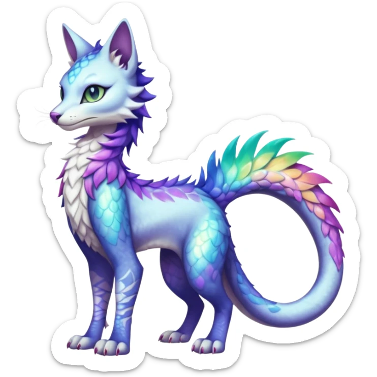 Kawaii iridescent beautiful pretty elegant divine edgy fantasy feline-vernid-sergal-fursona-animal-creature with a tufted tail and accessories, full body with intricate markings  sticker