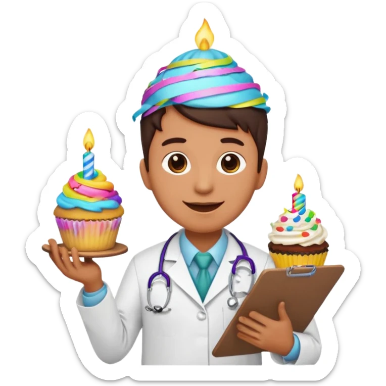 joyful doctor emoji with a medical clipboard, surrounded by colorful streamers and a birthday cupcake sticker