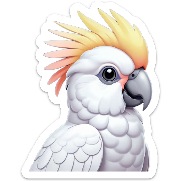 Cinematic Noble Cockatoo Portrait Emoji, Poised and regal, with a striking, crest-adorned head of brilliant white and pastel hues, a robust, curved beak, and piercing, intelligent eyes, Simplified yet sharp and sophisticated features, highly detailed, glowing with a soft, tropical luminescence, high shine, intelligent and majestic, stylized with an air of avian elegance, focused and alert, soft glowing outline, capturing the essence of a watchful and confident cockatoo that appears ready to unfurl its crest out of the screen with effortless authority! sticker