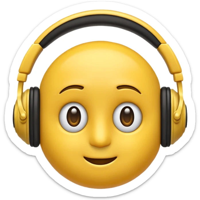 Ein gelber runder Emoji. Augen geslossen. Total im moment. Glpcklich, leichtes lächeln. Verträumt. Leichtigkeit. Freiheit. Overearkopfkörer auf und im hintergrund kleine musiknoten sticker