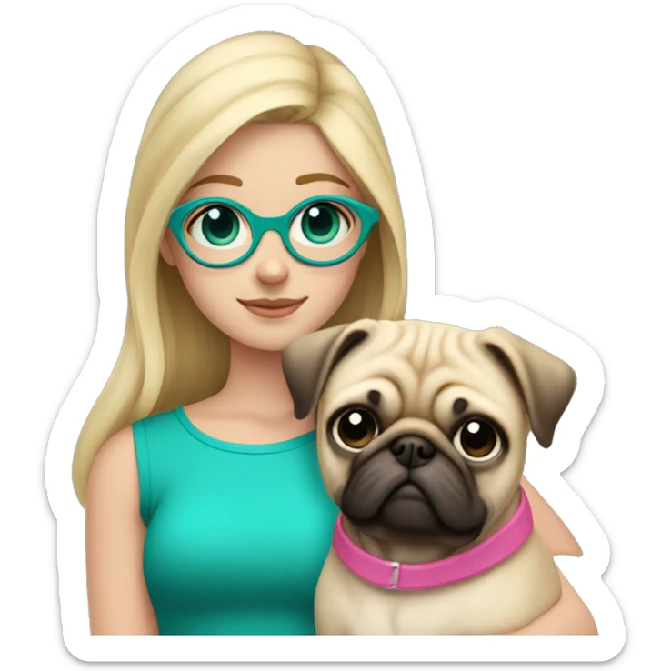Blond haired Girl with teal eyes with pink glasses and pink shirt holding a pug  sticker