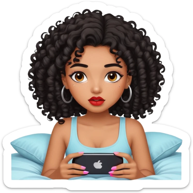 Brown-skinned teenage girl with curly black hair lying on bed looking at phone, heavy makeup, big lips, crop top, choni style sticker