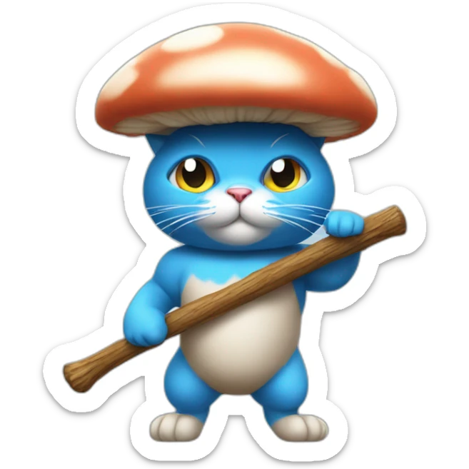 Strong muscles Blue cat NO ears  wearing a mushroom cap carrying a stick in one arm standing on two legs with pants sticker
