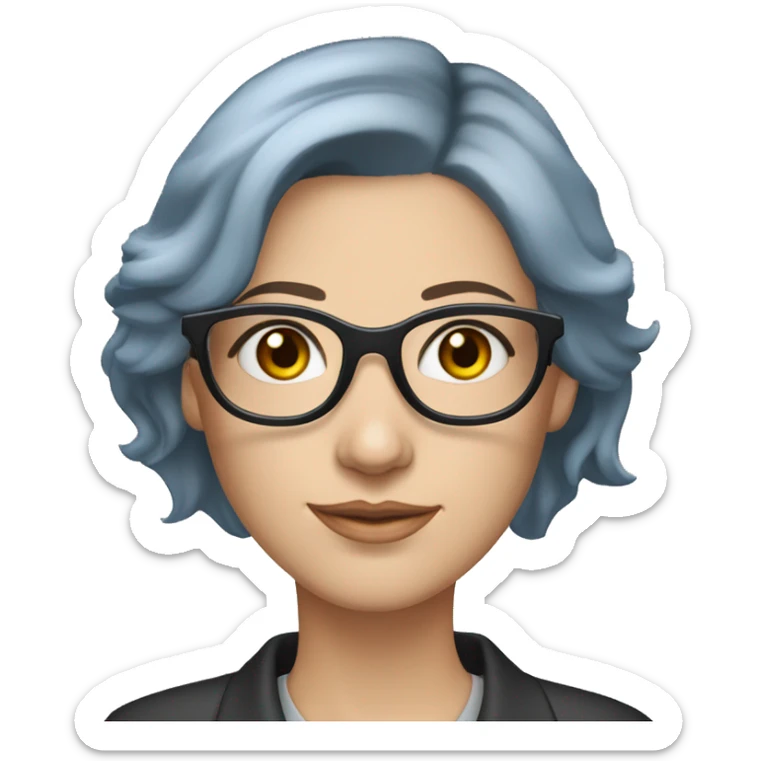 Caucasian woman with chin length layered blue hair and grey eyes wearing light grey square-shaped glasses and a black collared shirt sticker