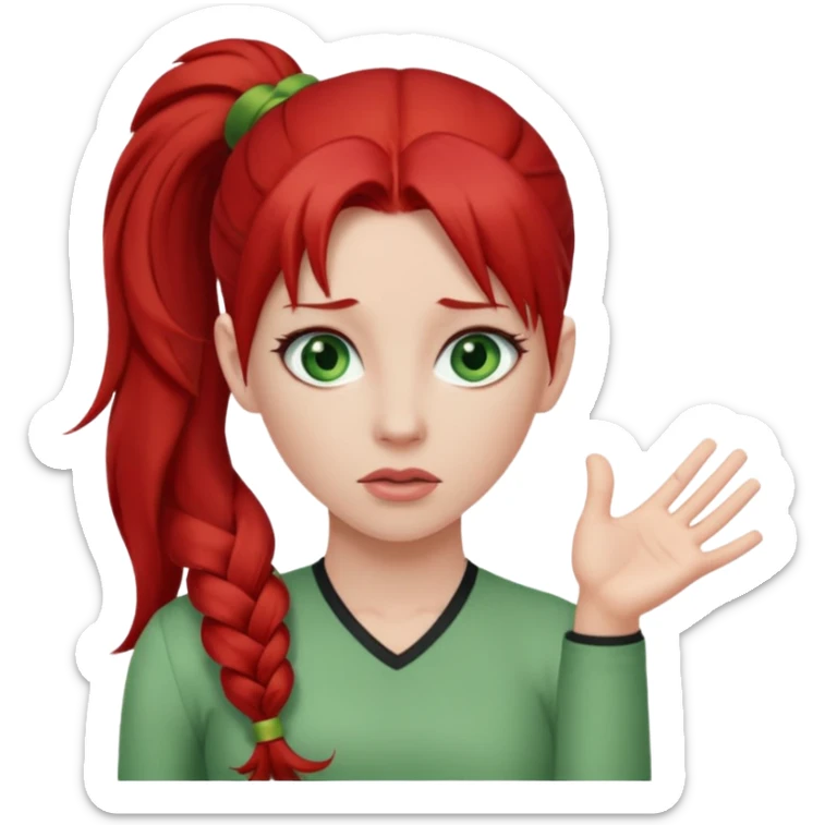 Woman with long red ponytail and green eyes shruggingonytail and green eyes shrugging sticker
