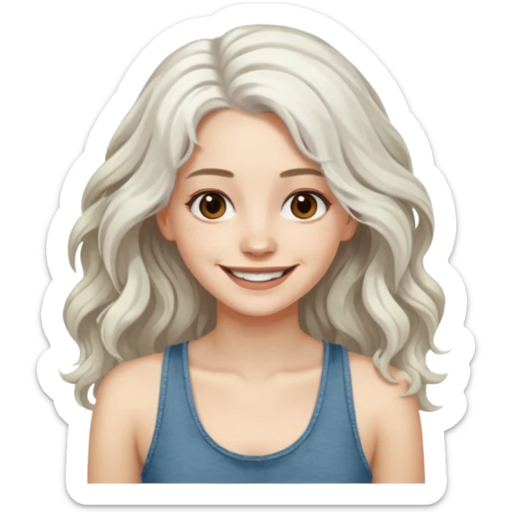 woman with wavy long white hair and brown eyes. smiling in a grunge tanktop. pale skin. sticker