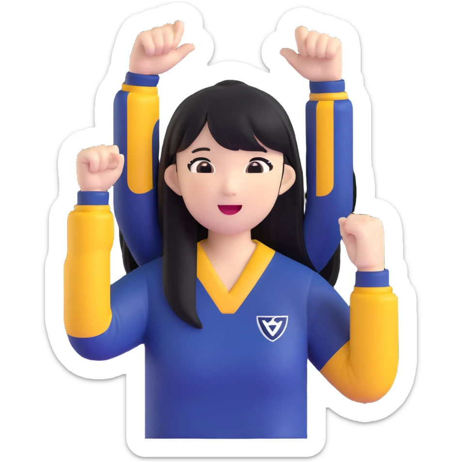 East Asian woman with long black straight hair and bangs wearing navy and white Doosan Bears team colors, cheering sticker