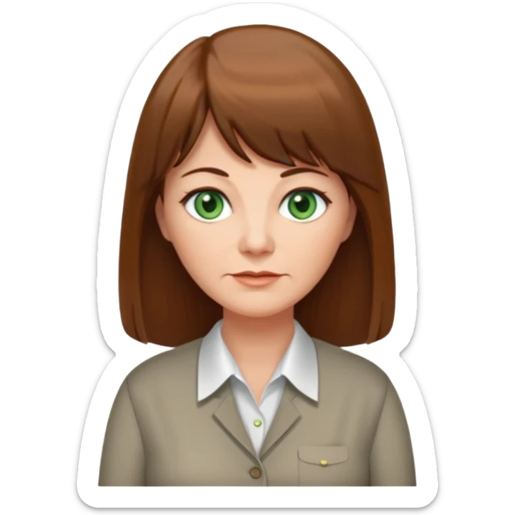 60 yr old woman, green eyes, long straight hair, business shirt, chubby, bangs sticker