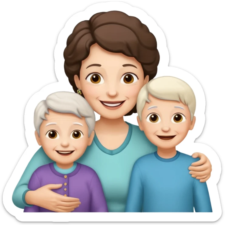 two kids (1 boy and 1 girl) with their mother and grand mother smiling sticker