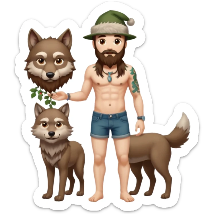full body man long brown hair brown eyes medium beard white skin shirtless with vine tattoos and wolf hat sticker