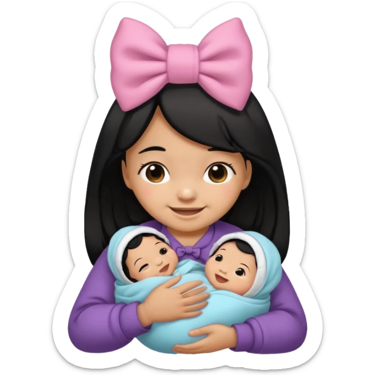 Tiny teeny small premature newborn baby with black hair and a bow bundled up and cute smiling  sticker