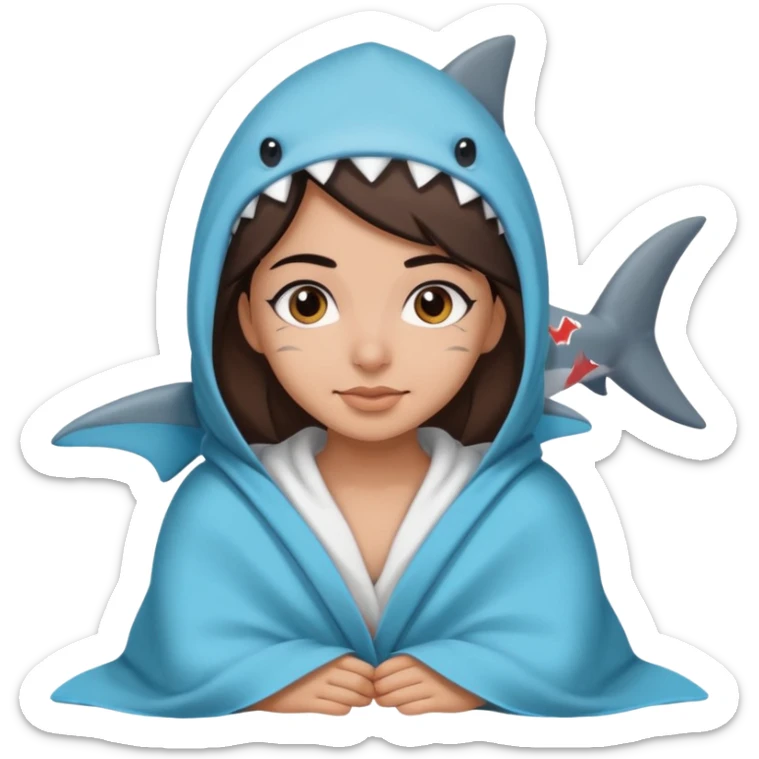 Egyptian-haired girl with black eyebrows, brown hair, Iranian descent, wearing a shark costume with a blanket. sticker