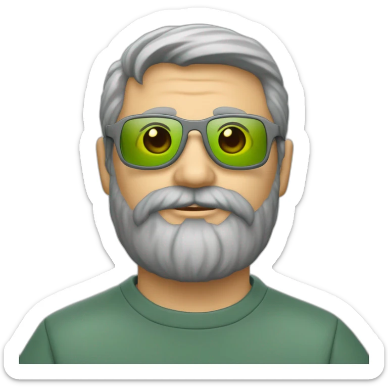 un homme d'une quarantaine d'années avec un barbe grise coupée courte cheveux gris  avec des lunettes vertes et sweatshirt gris foncé sticker