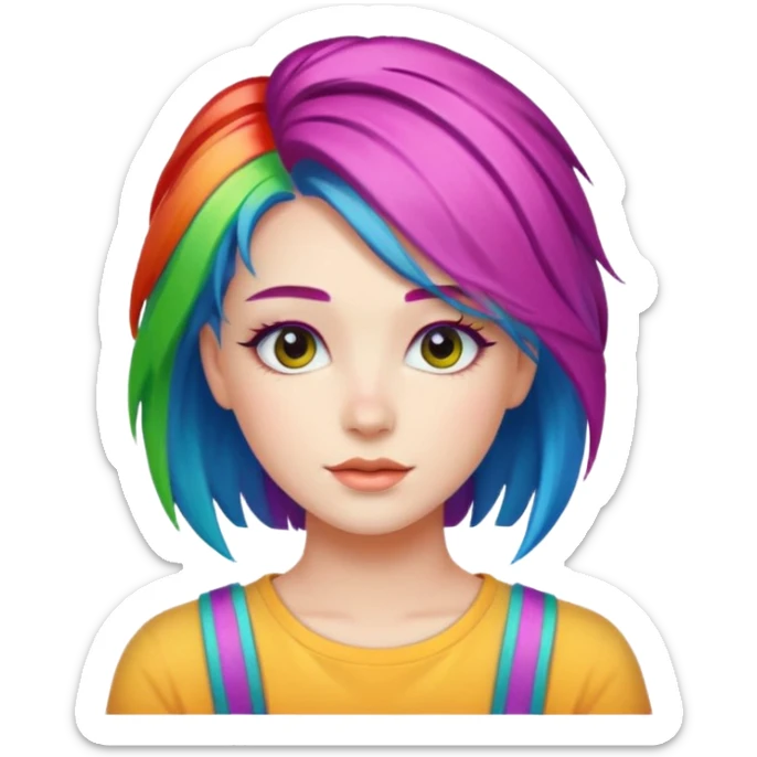 Young woman, vibrant rainbow hair, colorful hairstyle sticker