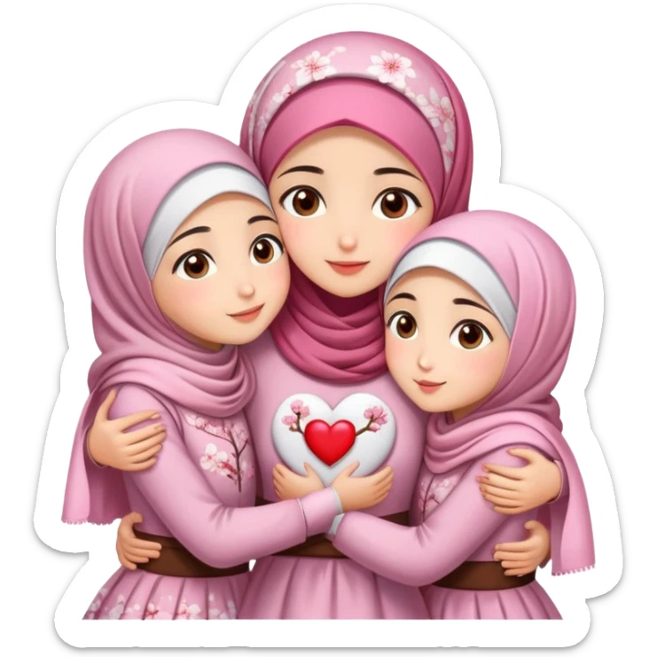 Four sister hugs Turkish girls beautiful finish Konya brown eyes with cherry blossom hijab and heart dress and hugs  sticker