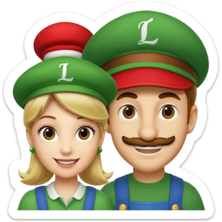 blonde female Luigi (with the Luigi green hat with an L on it) and a normal brown hair male Mario with the red hat. They are friends just smiling sticker