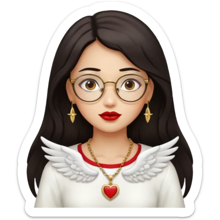 Angel girl with eyeglasses and Middle parted hair long dark hair with red lipstick  and push gold necklaces and dark eyes with withe wings sticker