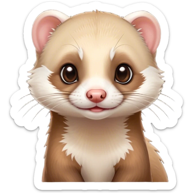 Cinematic Cute Ferret Portrait Emoji, Head tilted playfully, with an elongated, flexible body and a characteristically curious expression, featuring a short, pointed snout, bright, sparkling eyes, and soft fur in warm brown and cream tones, Simplified yet irresistibly adorable features, highly detailed, glowing with a warm, friendly glow, high shine, affectionate and lively, stylized with a touch of whimsical mischief, soft glowing outline, capturing the essence of a fun-loving and mischievous ferret that feels like it could scamper straight into your heart! sticker