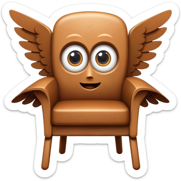 A wooden chair with big cartoon eyes, flying through the air with small wings sticker