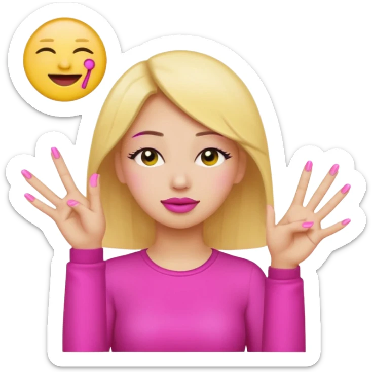 Yellow circle emoji sighing and drumming fingers up the side of their head the eye is closed it is a side profile pink lipstick and pink nails sticker
